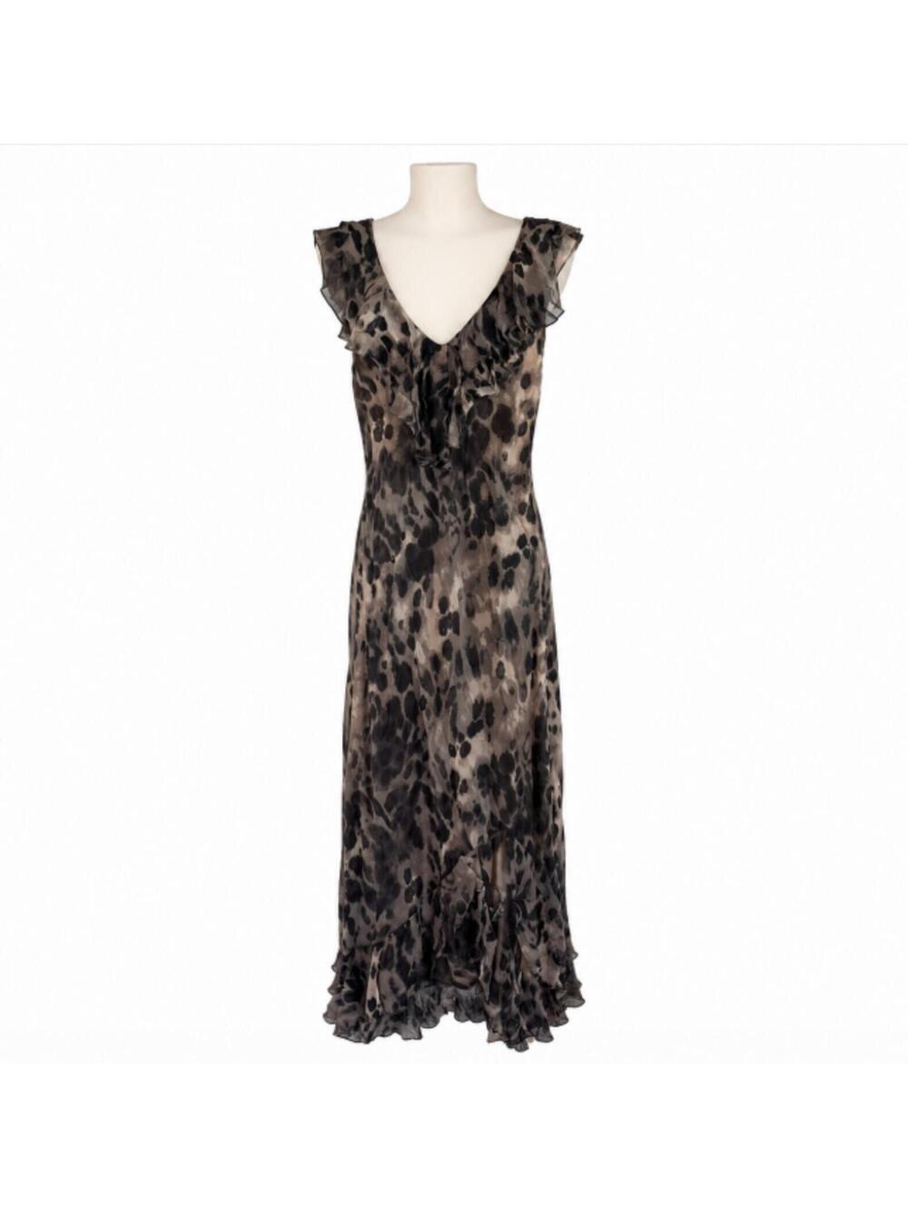 Vtg Silk Leopard Print Maxi Dress Size IT 42 Est. US 6 Leopard Ruffle Serena Kay